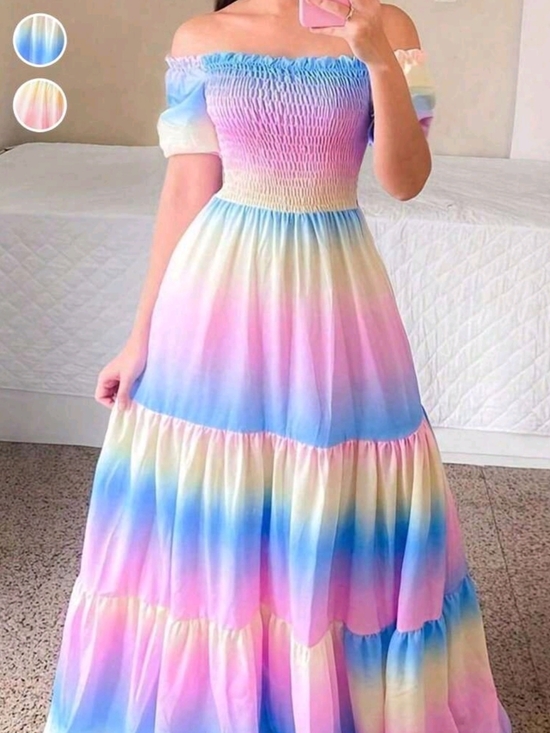 SHEIN Dresses & Skirts - SHEIN Pastel Rainbow Off-Shoulder Maxi Dress